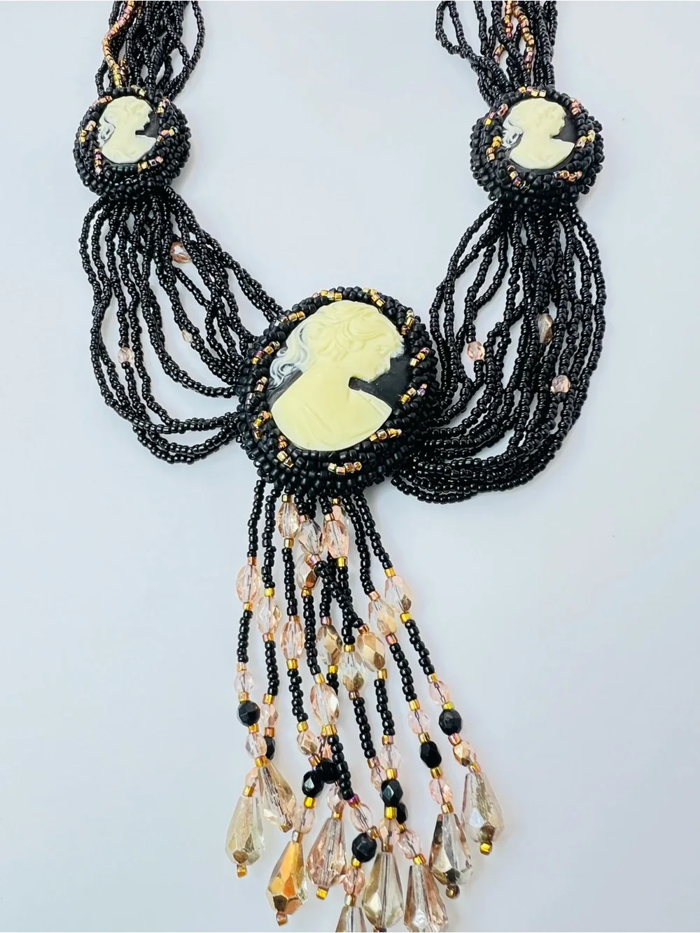 Vintage Multi Strand Black Glass Bead Cameo Necklace Victorian Revival 28”